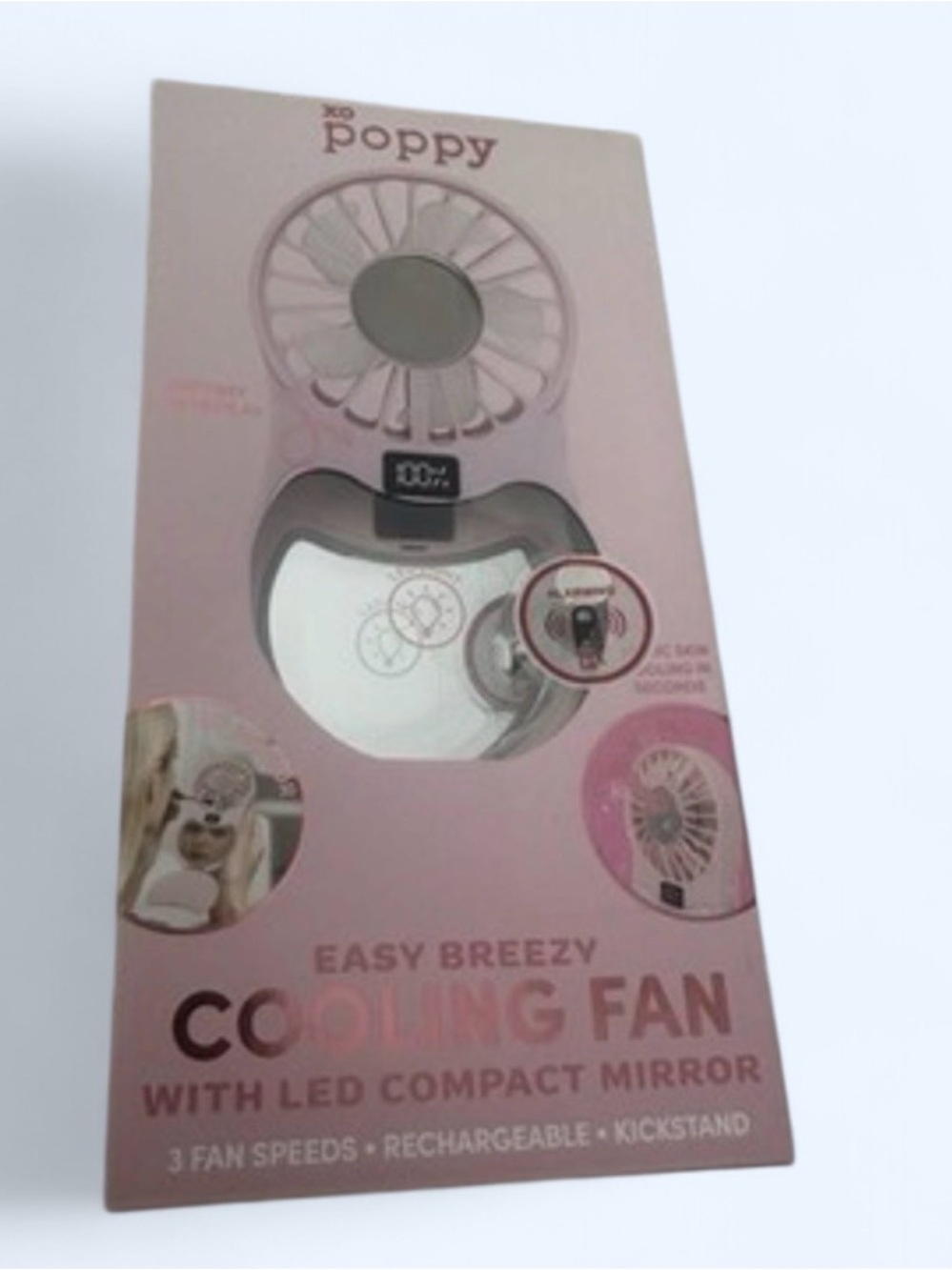 Poppy Pink Portable Cooling Fan with LED Compact Mirror
